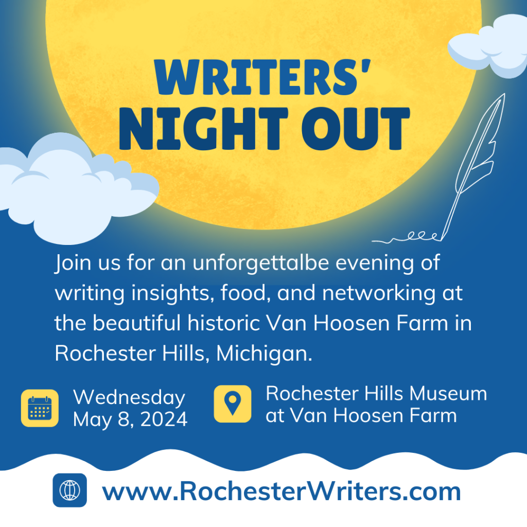 Writers' Night Out graphic with text about date, time, and location.